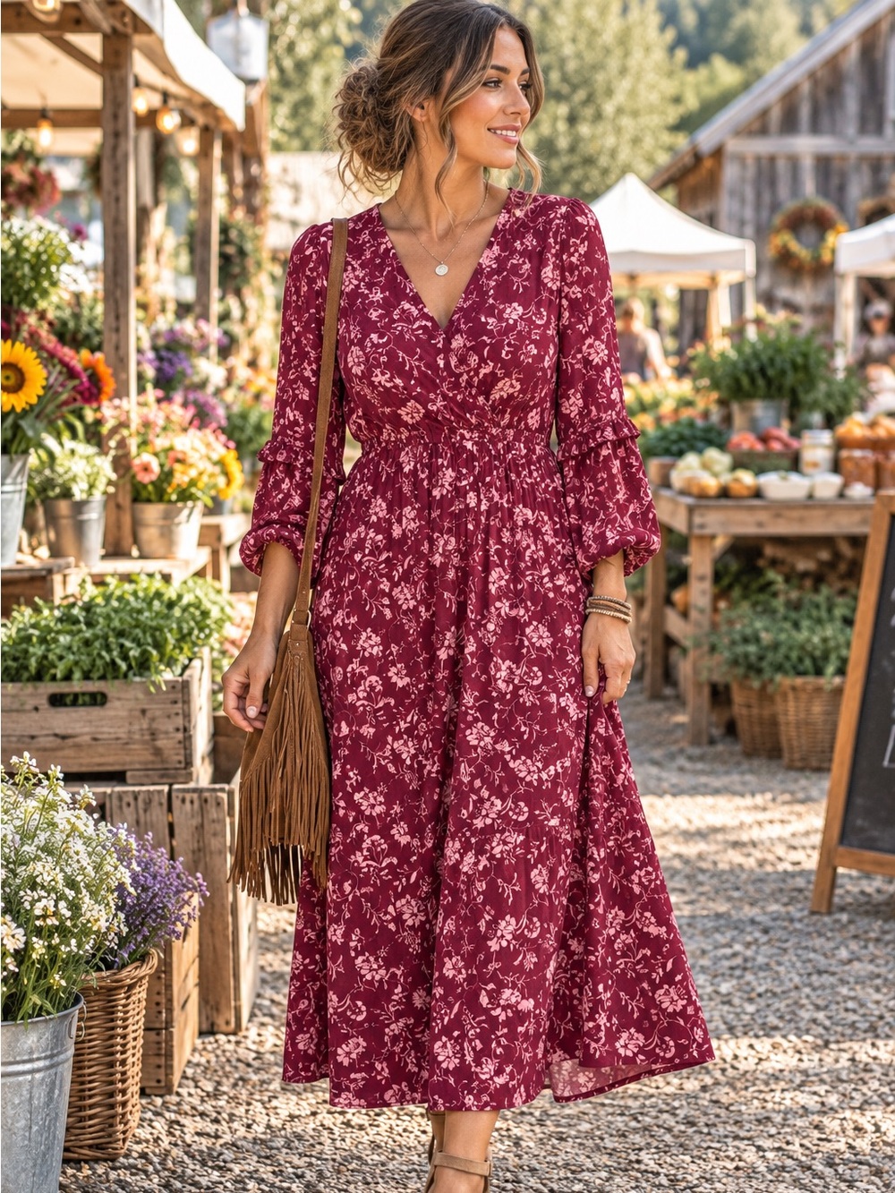 Knox Rose Women's Floral V-Neck Midi Dress - Burgundy | Size Medium Boho